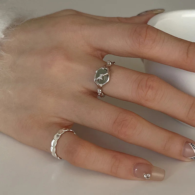 Sterling Silver plated Liquid Lava Hetian Jade Bamboo Ring