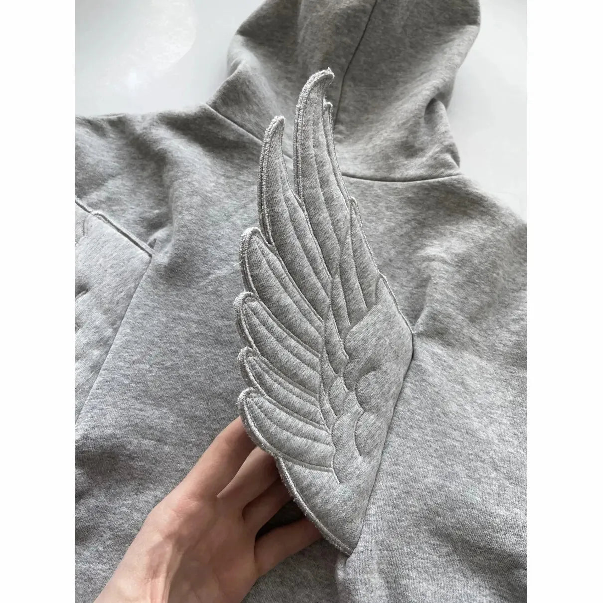 Grey Angel Wing Embroidered Hoodie Cute Kawaii Pullover Sweatshirt Wing Decoration Back Y2K Street Harajuku Loose Pullover