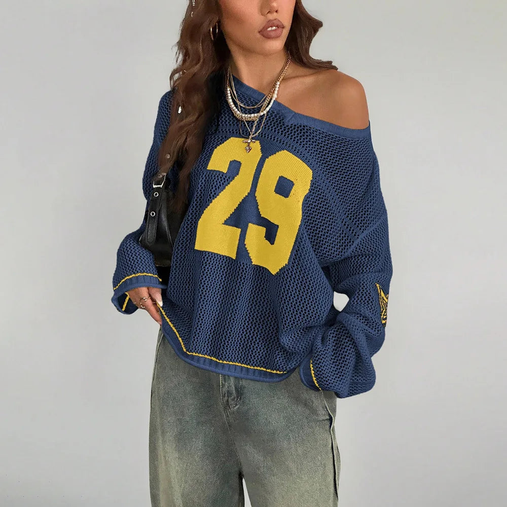Y2K Style Sports Jersey Knitted Topsable Digital Printed Round Neck Long Sleeve Jumper Street Trend