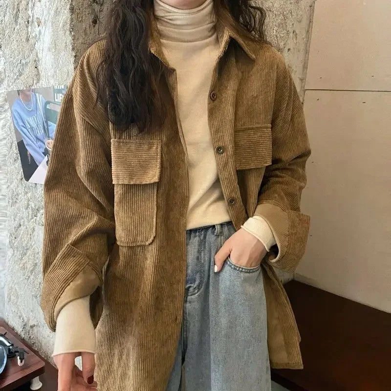 Corduroy Jacket Versatile Retro Mid-Length Shirt Top Trendy Ins Style Sleeveless Coat