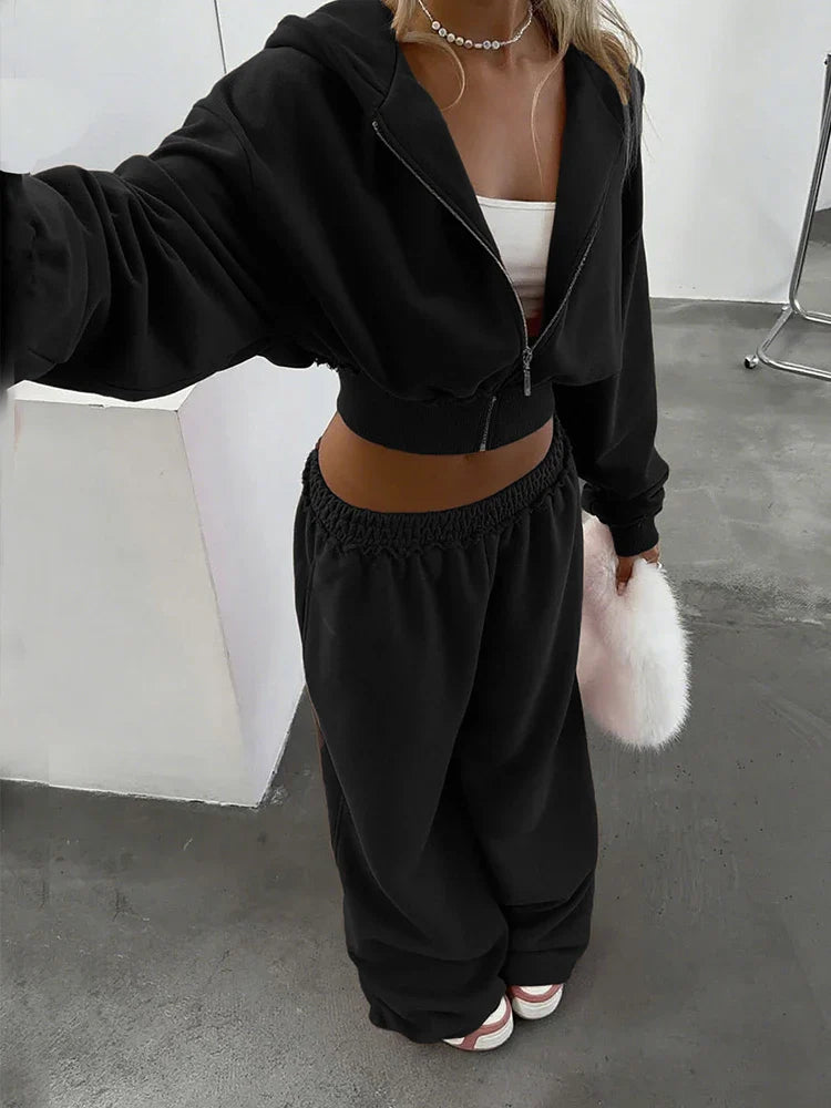 Kliou Casual Sporty 2 Piece Set Zip Cardigan Full Sleeve Hooded Crop Jacket+Elastic Waist Long Pants Daily Outfits