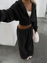 Kliou Casual Sporty 2 Piece Set Zip Cardigan Full Sleeve Hooded Crop Jacket+Elastic Waist Long Pants Daily Outfits