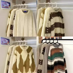 Soft Faux Mink Stripe Color Block Sweater Loose Design Lazy Style Knitted Top Thick Suitable