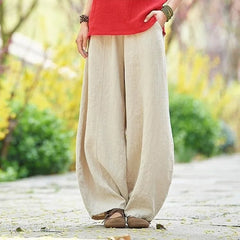 Cotton Linen Bloomers Wide Leg Pants Vintage Full Length Elegent Pants Solid Elasitic Waist 5XL