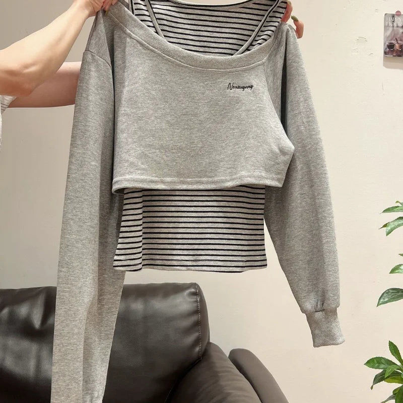 Xia Zhenhua Gray Off-shoulder Long-sleeved Striped Sweatshirt Design Matching Vest Two-piece Set