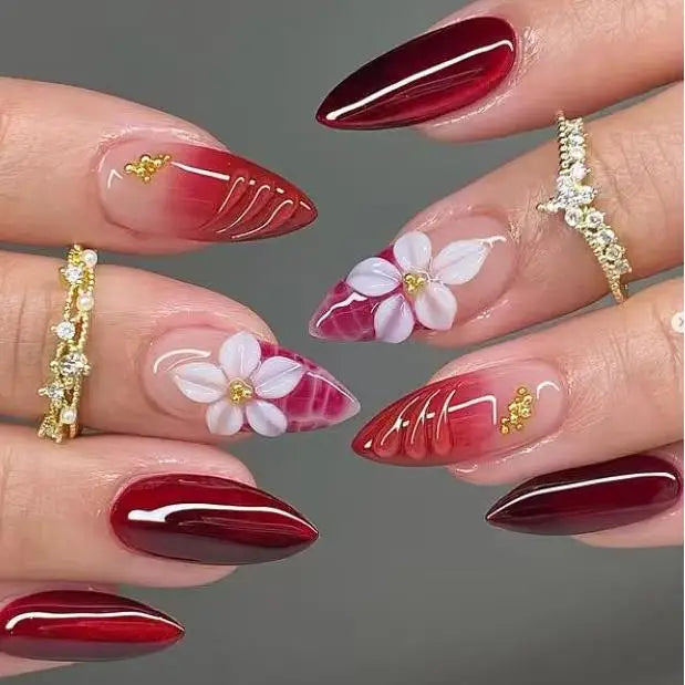 24PCS Simple Ins Dark Pink Blush 3D Flower Almond False Nails with Glue Leopard Print French Spice Girls Fake Nail Tips Press On