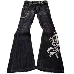 High Waist Harajuku Loose Embroidered Jeans with Rock Punk Style Y2K Micro La Retro Wide Leg Pants