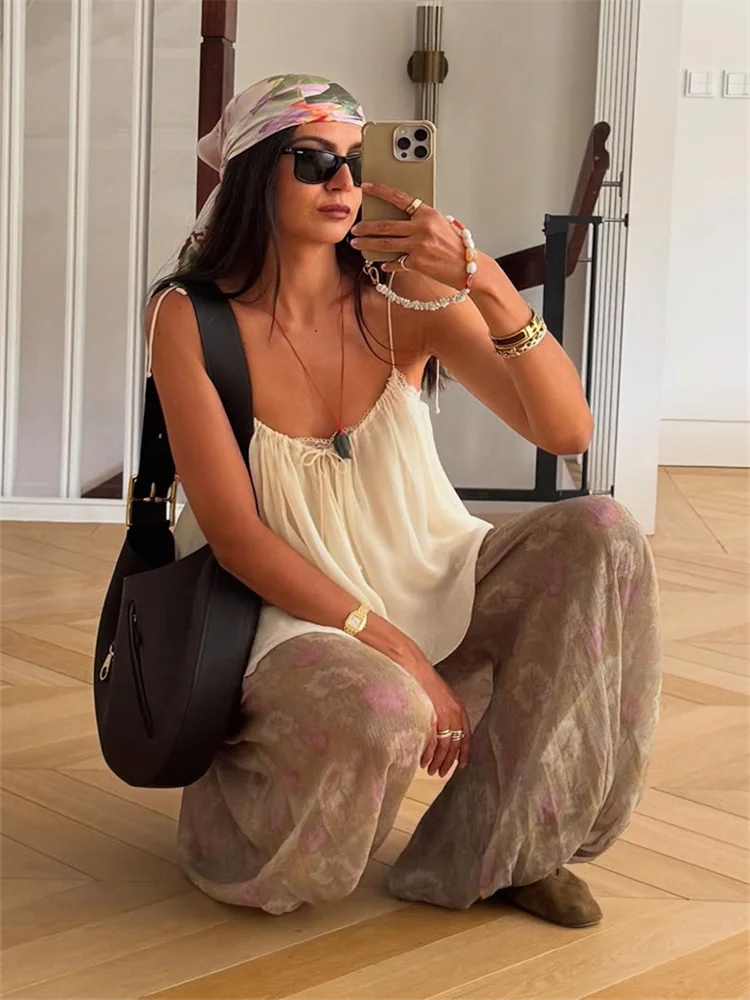 Ruffles Tie Up Pant Suit V-neck Backless Sleeveless Top High Wasit Wide Leg Pants Outfits Lady Beach Wears