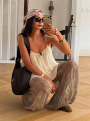 Ruffles Tie Up Pant Suit V-neck Backless Sleeveless Top High Wasit Wide Leg Pants Outfits Lady Beach Wears