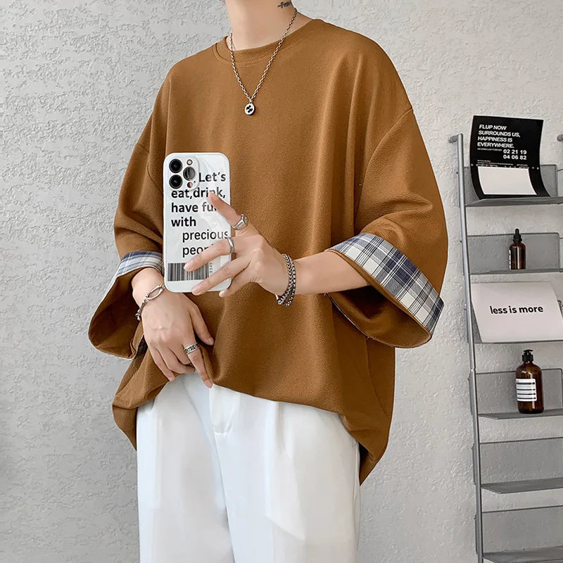 t shirts T-shirts Oversized 2XL Korean Style Loose Plaid T-shirt Casual Seven sleeves T-Shirt Male White