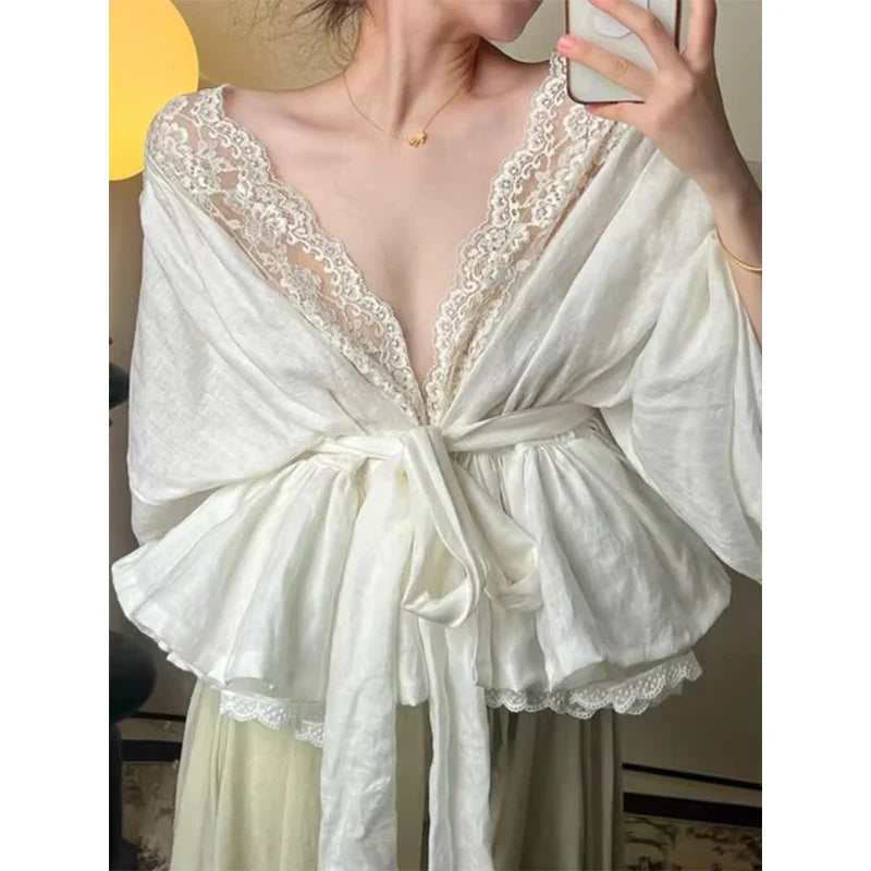 Elegant Lace Shirts Vintage V Neck Bandage Blouses Fairy Korean Patchwork Long Sleeve Casual Design Tops New