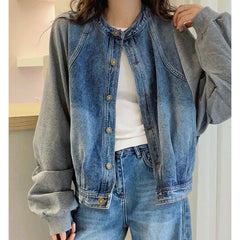 Harajuku Y2K Patchwork Denim Jacket O Neck Loose Casual Classic Coat Long Sleeve Single Breasted Rockabilly Baseball Jacke