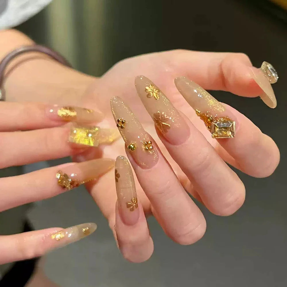 10Pcs Gentle Handwork Press On Nails French Style Flowers Butterfly Rhinestone Pearl Design Detachable False Nails Gift