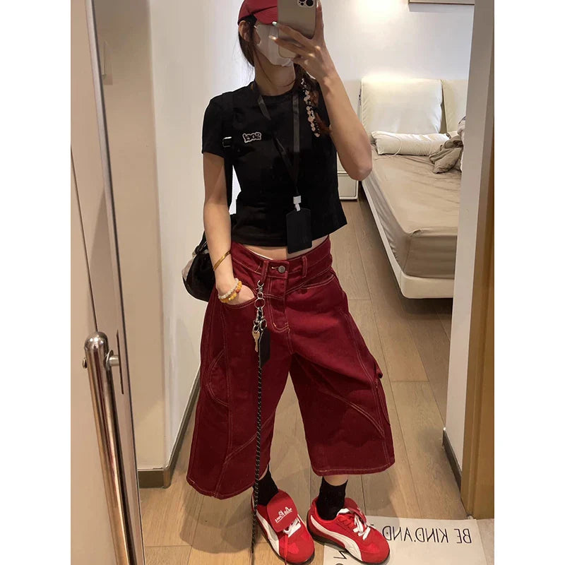 Red Gothic Cargo Jeans Vintage Korean 90s Y2k Denim Trousers Harajuku High Waist Cowboy Shorts 2000s Clothes