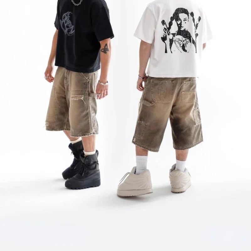 Deeptown Y2k Vintage Washed Short Cargo Jeans Harajuku Hole American Style Wide Leg Man Jorts Baggy Hip Hop Streetwear