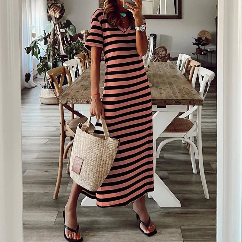 loose striped printed long dress with slits on both sides