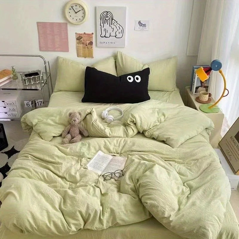 Cute Duvet Cover Set with Sheet Pillowcase No Filler Warm Solid Color Bed Linen Full Queen Size Korean Big Eyes Home Bedding Set