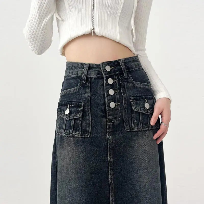 High-waisted Cargo Denim Skirt Long A-line Mid-length Skirt Retro Raw Edge Y2k Clothing Korean Style