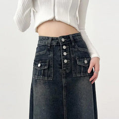High-waisted Cargo Denim Skirt Long A-line Mid-length Skirt Retro Raw Edge Y2k Clothing Korean Style