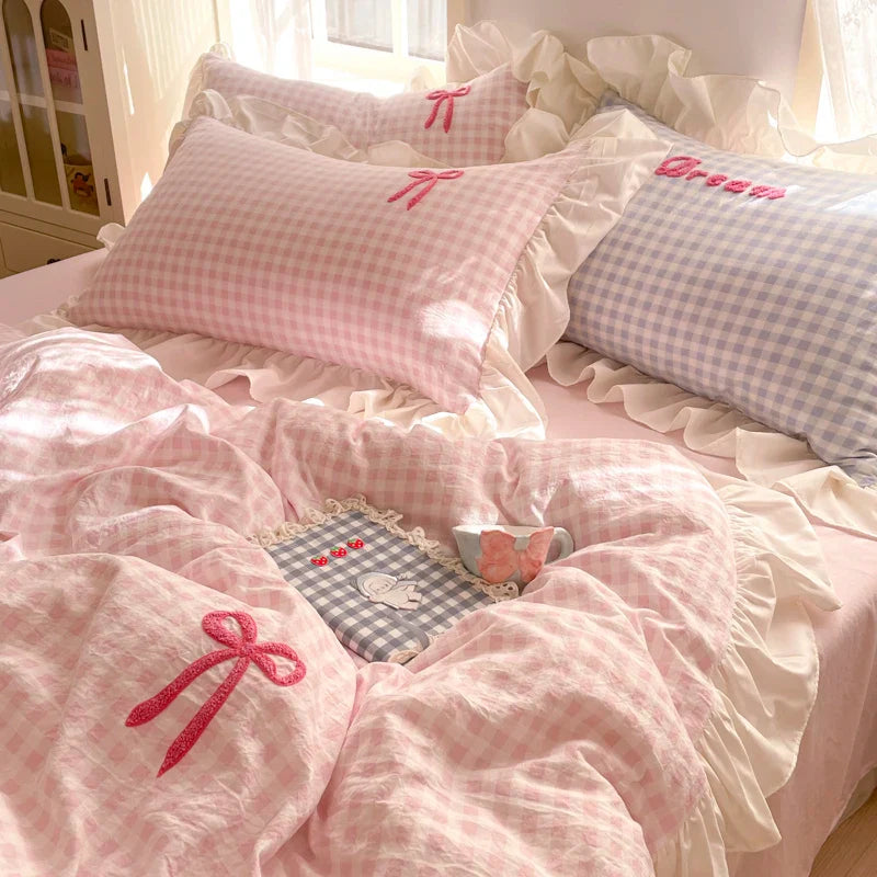 Korean Style Bedding Sets Pink Grid Bow Quilt Cover Romantic Bed Sheet Sets Girls Bedroom Duvet Cover 4pcs