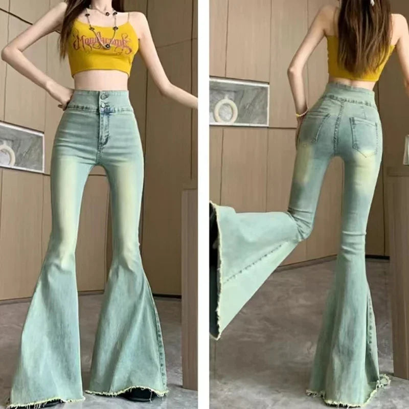 Lucyever Skinny Flare Jeans Vintage Slim Fit High Waist Denim Pants Y2K Streetwear Wide Leg Trousers