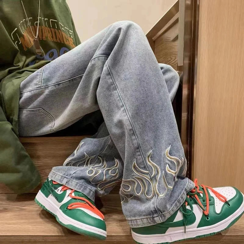 Flame Embroidery Jeans Neutral Wide Leg Denim Trousers Loose Straight Jeans Youth Casual Baggy Hip Hop Pants