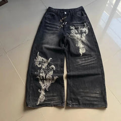 American Vintage Pattern Printing Black Baggy Jeans Y2K Gothic Harajuku Hip Hop Casual Joker Wide-leg Pants