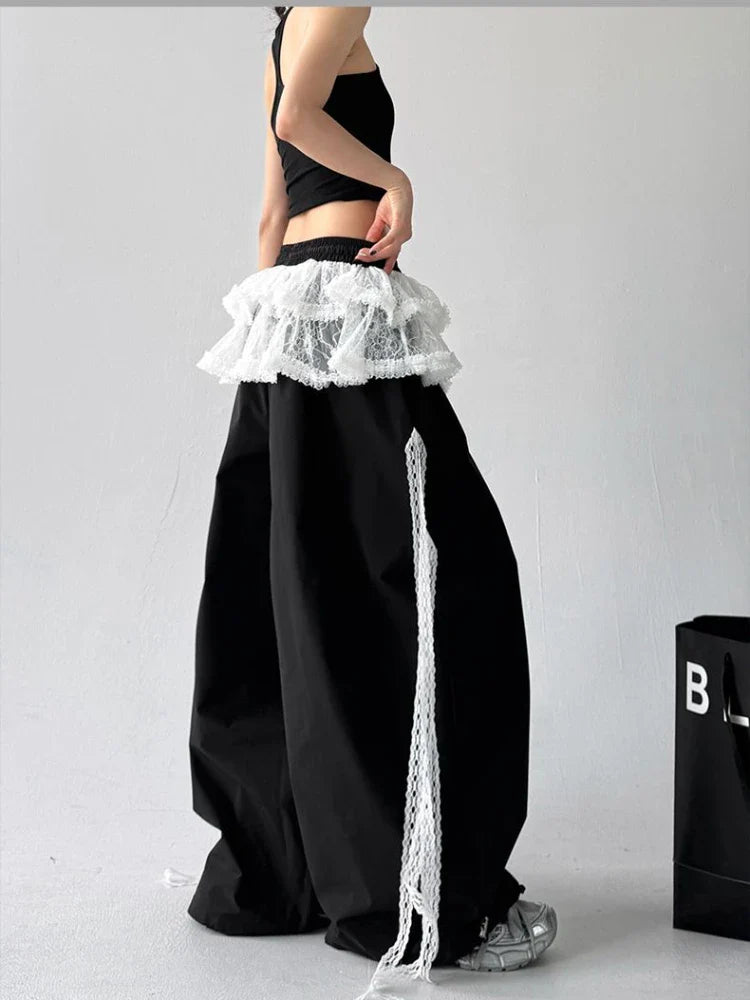 American retro trend patchwork lace skirt casual wide leg pants Y2K millennium pants emo