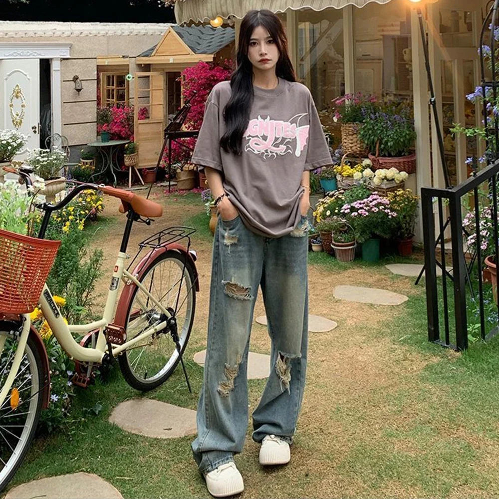 American Vintage Hole Y2k Jeans High Waist Jeans Wide Leg Baggy Loose Straight Hip Hop Streetwear Dragging Denim Pants
