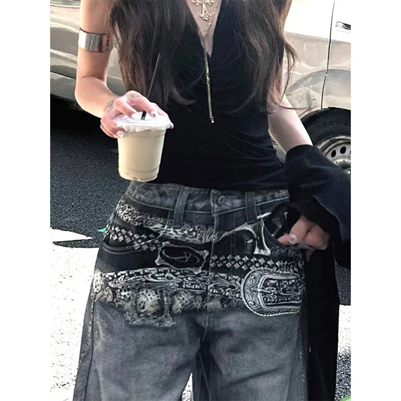 American Vintage Hip-hop High Waist Print Jeans Casual Baggy Y2K Wide Leg Grunge Streetwear Style Denim Trouser