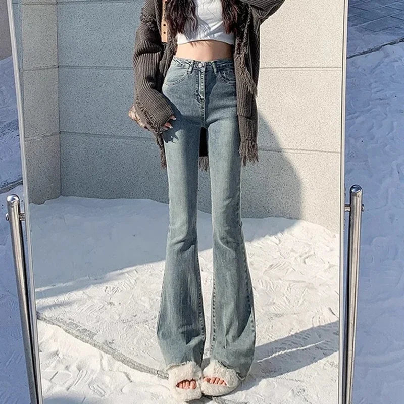 High Waist Vintage Flare Jeans Gothic Elastic Bell Bottom Pants Lady Streetwear Blue Black Grey Denim Trousers