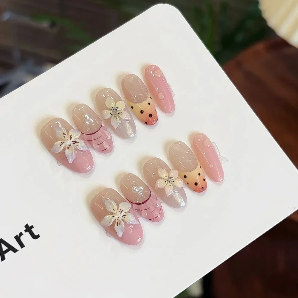 10Pcs Handmade Nude Color Press On Nails Sparkling Cat-Eye Cherry Star Marine Elements Sequins Cute Girlish Nail Suitable