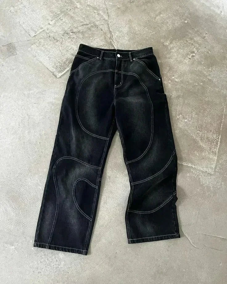 Streetwear Vintage Washed Jeans Y2K Clothing Hip Hop Alphabet Patch Embroidered Baggy Jeans Mid Rise Wide Leg Trousers