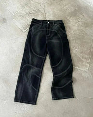 Streetwear Vintage Washed Jeans Y2K Clothing Hip Hop Alphabet Patch Embroidered Baggy Jeans Mid Rise Wide Leg Trousers