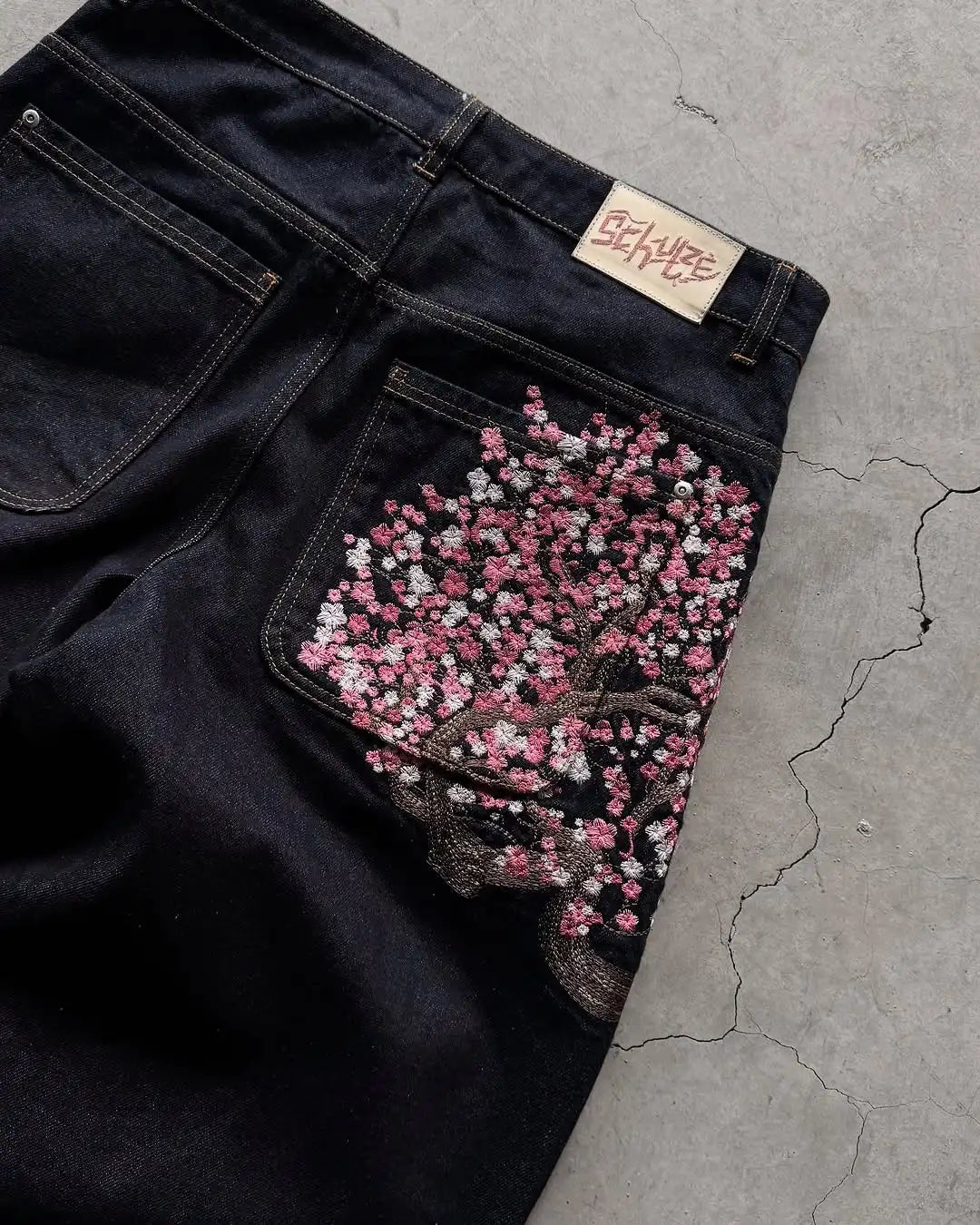Y2K 2000s Cherry Blossom Pocket Embroidery Hip Hop Loose