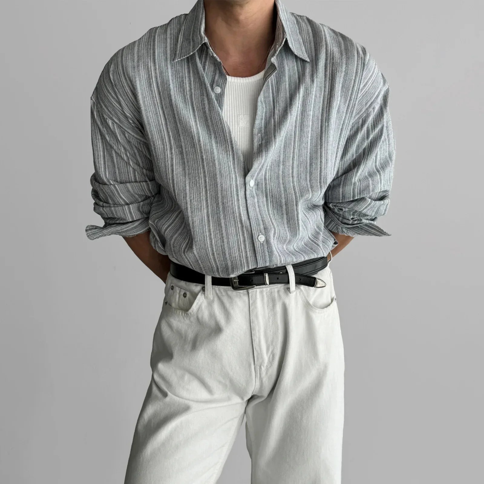 Long Sleeve Casual Linen Striped Shirt Korean Style Lightweight Seasons Blue Color Thin Fabric No Ironing