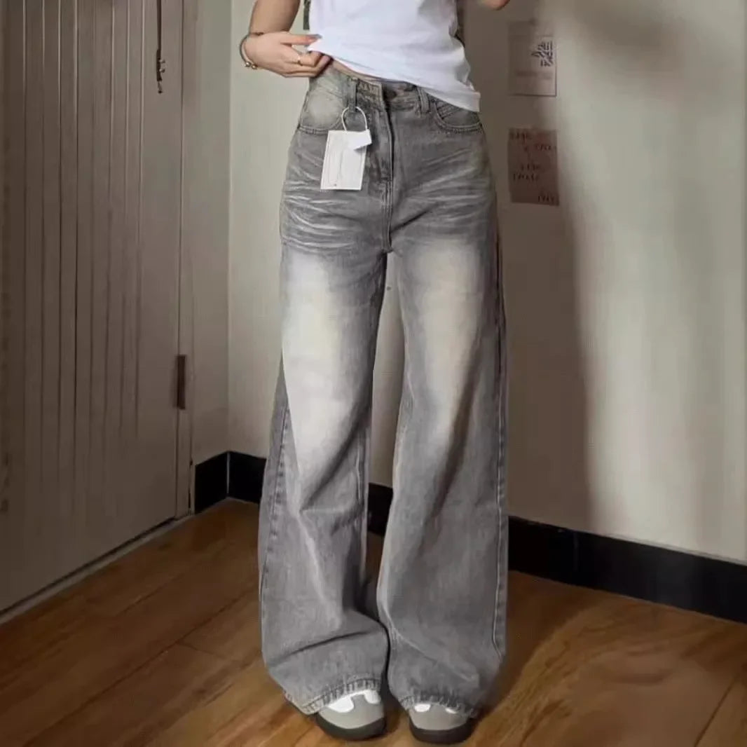 Vintage Wide-Leg Jeans Grey American Style Straight-Leg Casual Pants