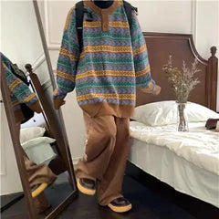 Ethnic Style Knitted Sweater Vintage Round Neck Loose Fit Olded Feeling Pullover Sweater