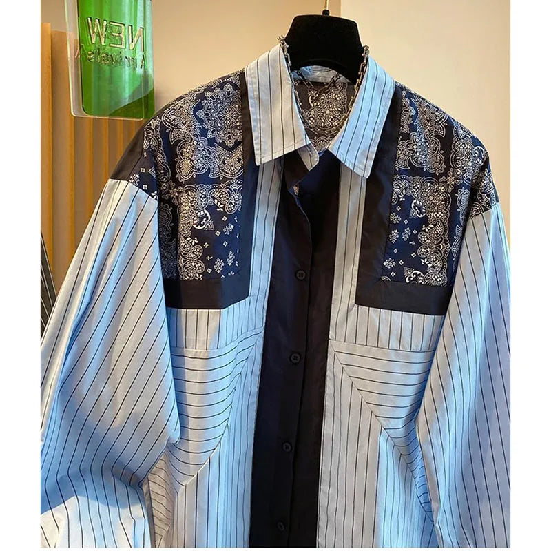 Korean Print Spliced Striped Long-Sleeved Shirt Loose Casual All-match Lapel Blouse Lady Tops