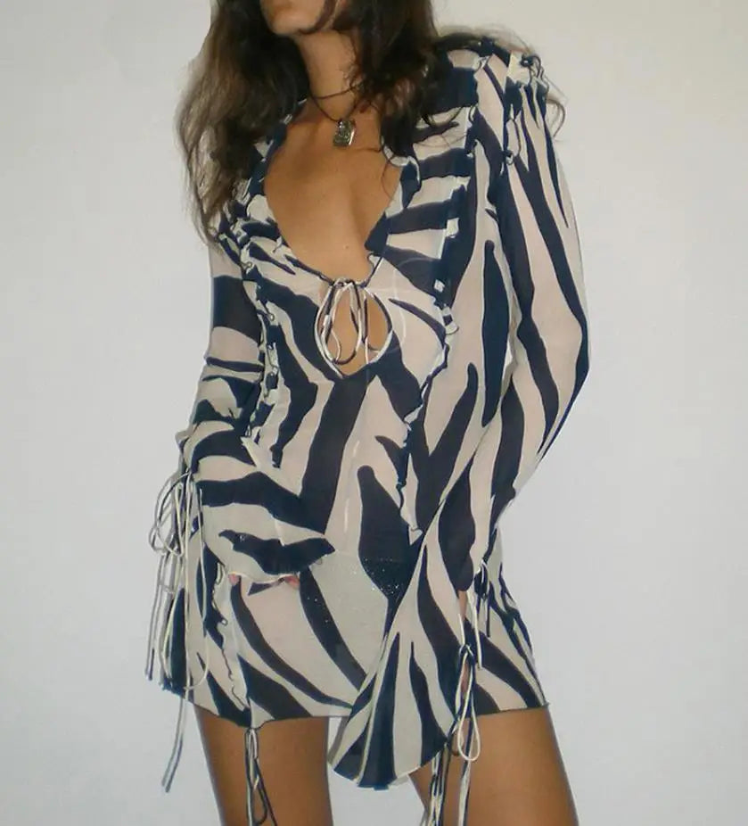 Yiiciovy Blue Striped See-through Bikini Cover-Ups Lace Up V-neck Beachwear Bathing Dress Cover-Ups Swimwears