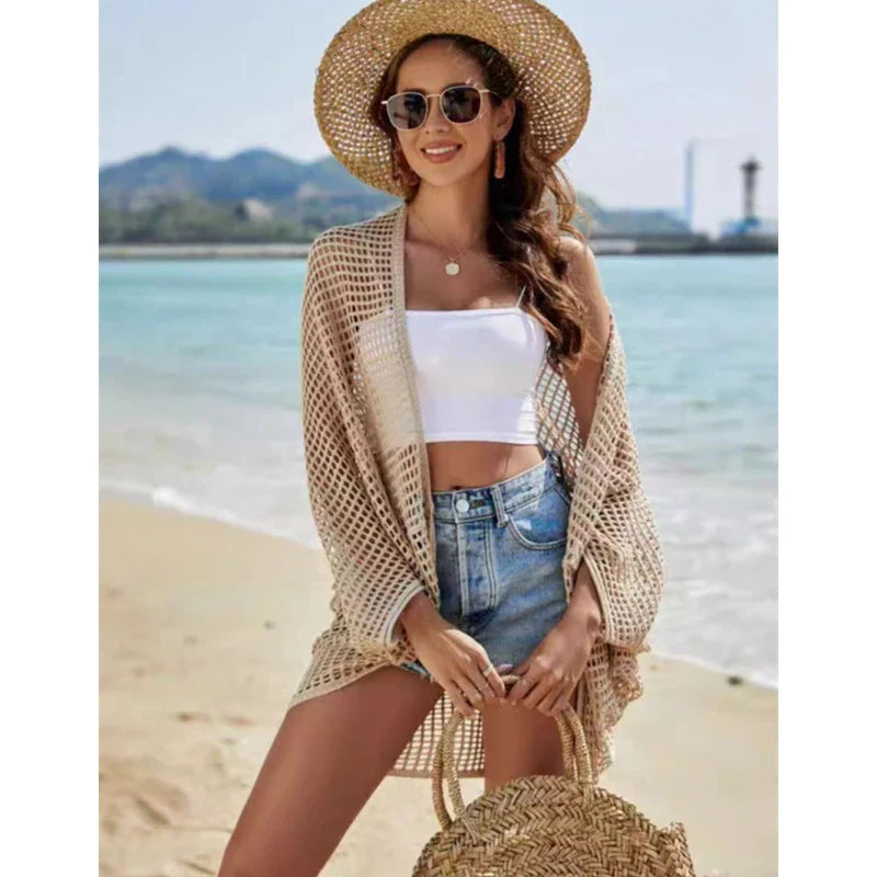 Openwork Open Front Longline Cover Up Crochet Knit Cardigan Sweater