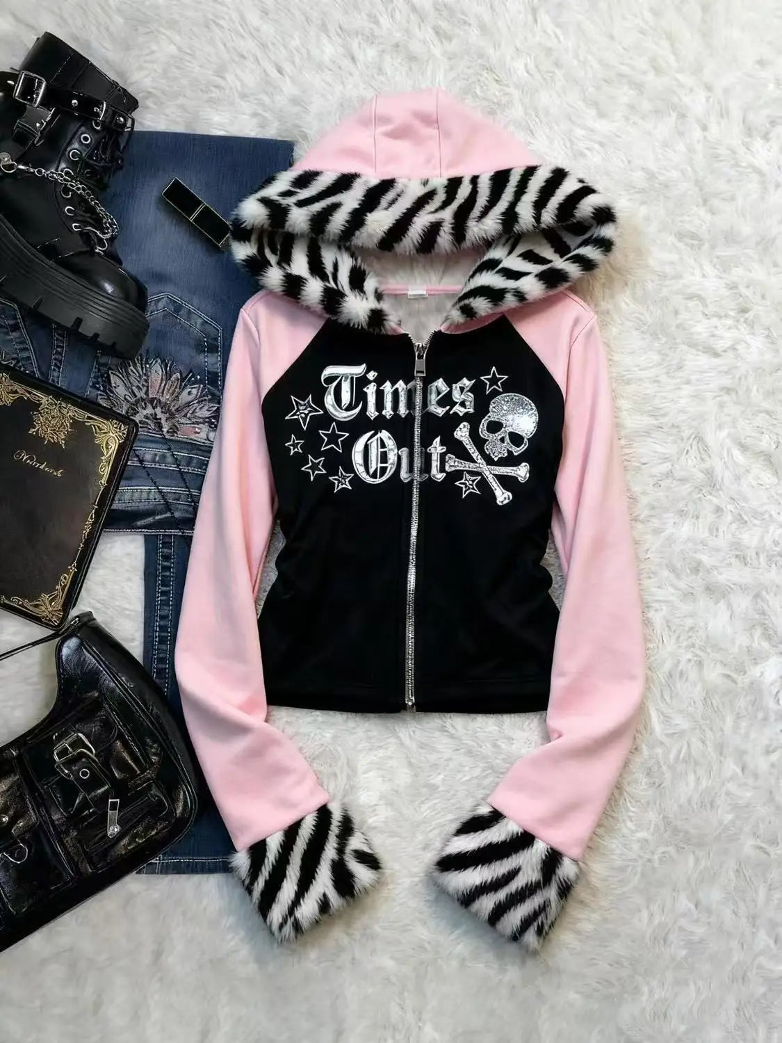 Retro Y2K American Spice Girl Coat Leopard Print Powder Black Contrast Stitching Skull Letter printed Hooded Sweater