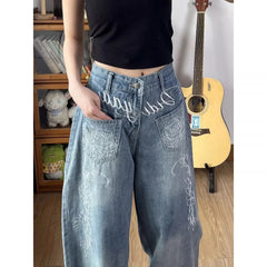 Ladies Loose Fit Straight Leg Jeans Blue Washed Floral Letter Embroidery Unique Street Style American Casual Trousers
