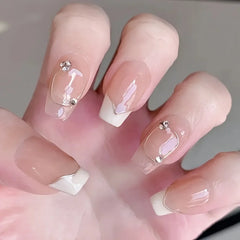 10pcs high-end Light luxury short style French handmade fake nails, Small fresh short French diamond nail decoration patch