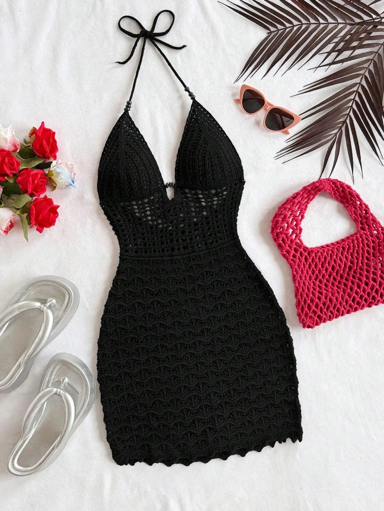 Soleia V-Neck Hollow-Out Wooden Beads Fitted Dress, Vacation Spaghetti Strap Backless Ombre Knitted Dress, Suitable
