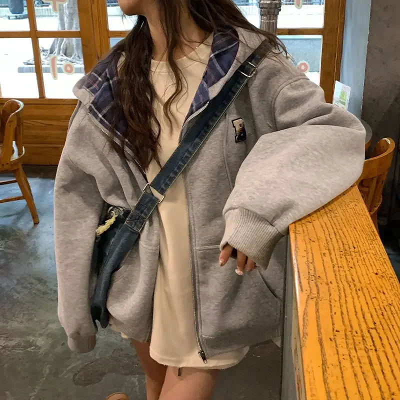 Brown Zip Up Hoodie Lattice stitching Long Sleeve Casual Oversized Sweatshirt Solid Jacket Clothing