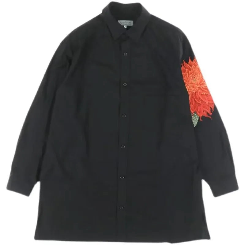 Yamamoto Style Red Flower Shirt Japanese Elongated Dark Embroidered Floral Top Unisex Loose Fitting Long Sleeved Shirts