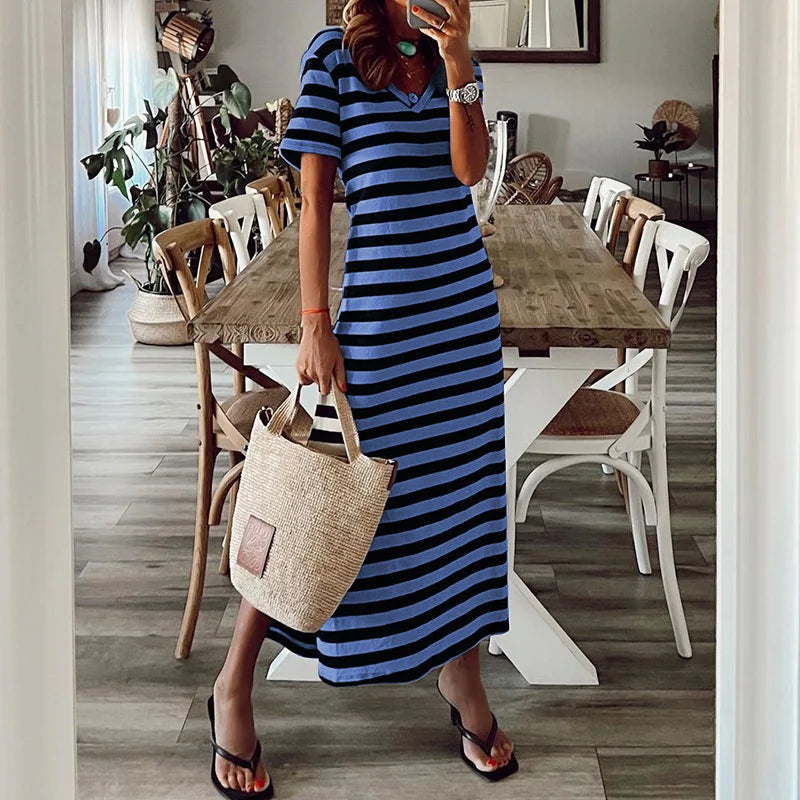 loose striped printed long dress with slits on both sides