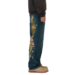 Harajuku Flower Embroidery Baggy washed jeans Y2K Vintage 2000s streetwear American Gothic Pants wide leg pants