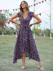 Style Elegant Long Dress Short-sleeved V-neck Bohemian Strappy Holiday Dress